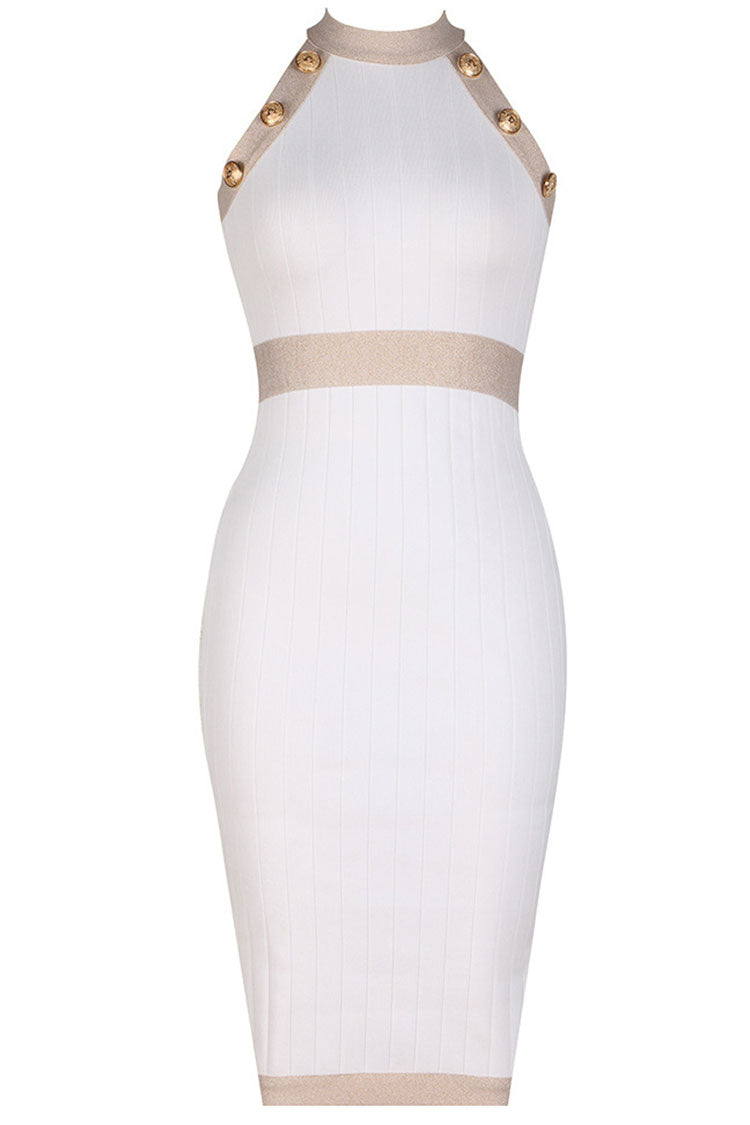 Military Metal Button Contrast Sleeveless Bodycon Sweater Midi Dress - White