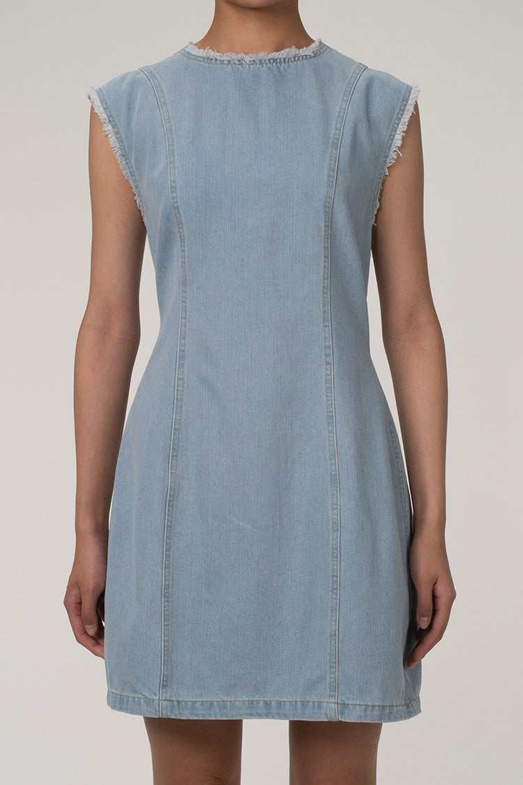 Minimalist Frayed Crew Neck Sleeveless Cinch Waist Denim Mini Sundress