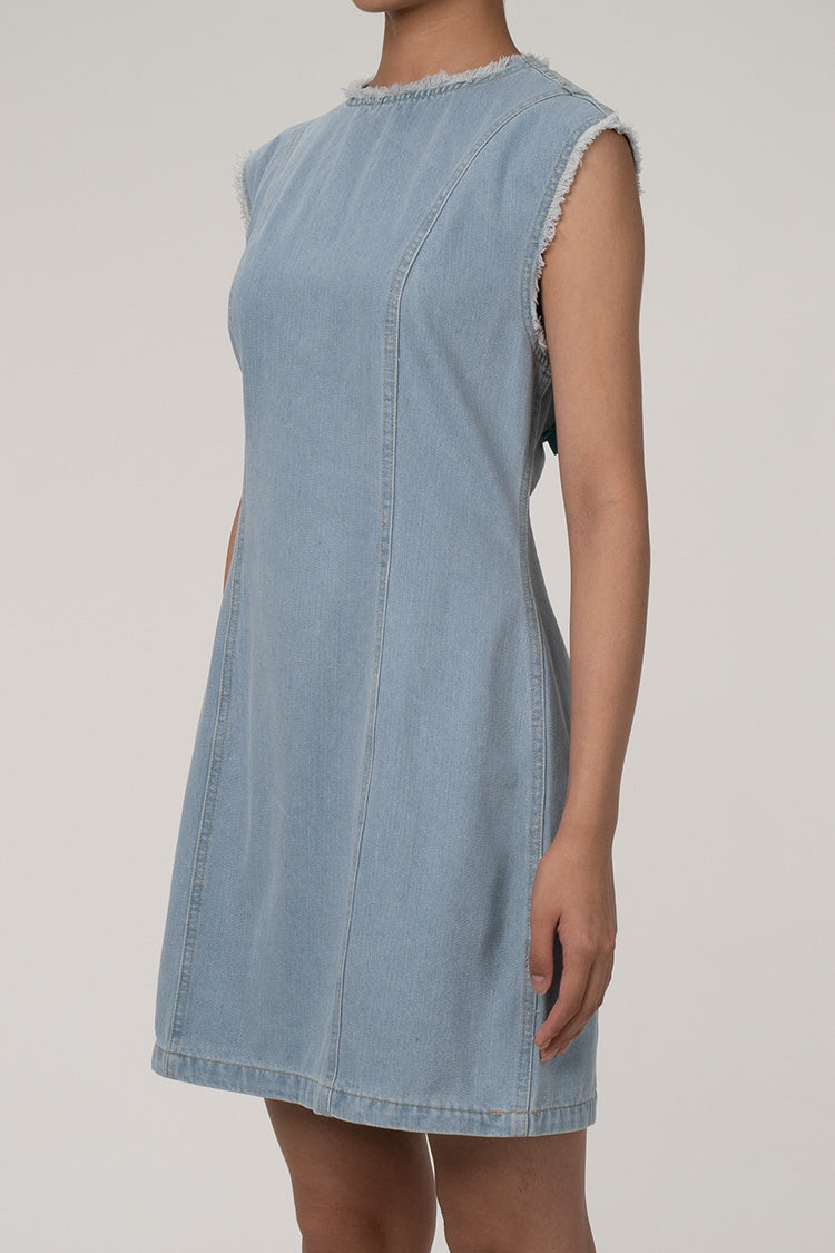 Minimalist Frayed Crew Neck Sleeveless Cinch Waist Denim Mini Sundress