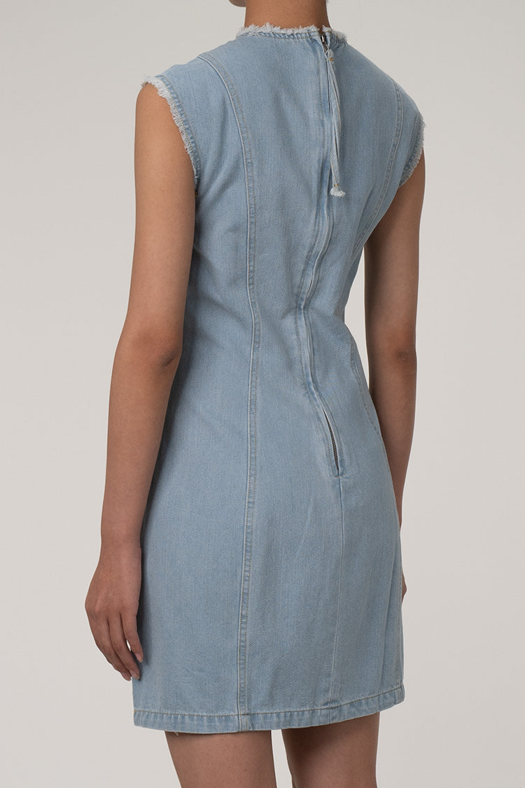 Minimalist Frayed Crew Neck Sleeveless Cinch Waist Denim Mini Sundress