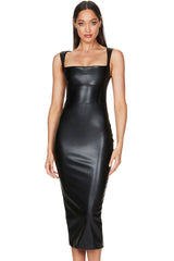 Modern Square Neck Sleeveless Vegan Leather Midi Dress - Black