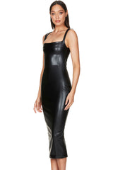 Modern Square Neck Sleeveless Vegan Leather Midi Dress - Black