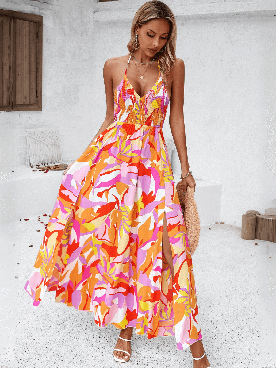 Hawaii Floral Print Tie Back Halter Maxi Dress - Orange