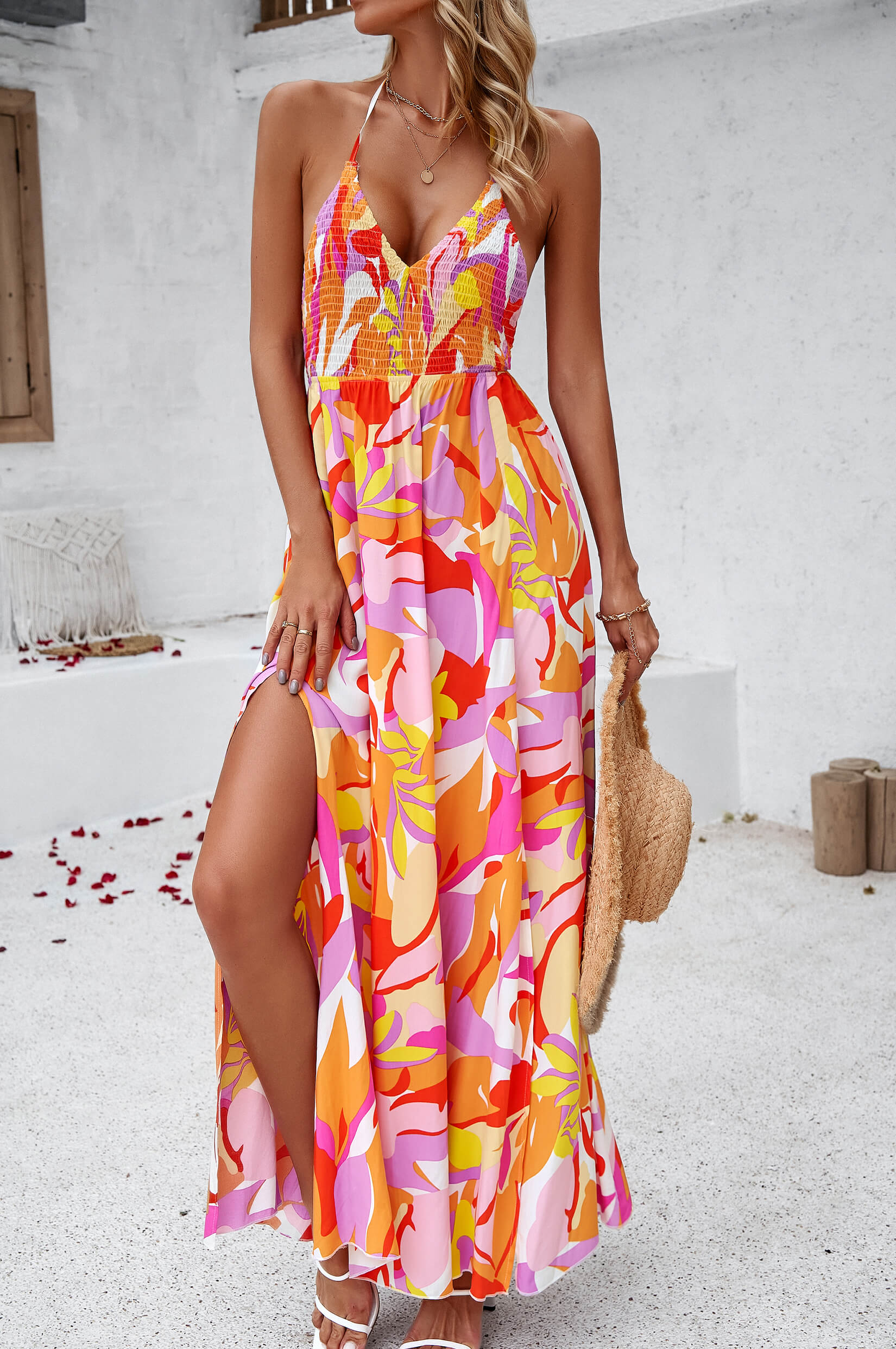 Hawaii Floral Print Tie Back Halter Maxi Dress - Orange