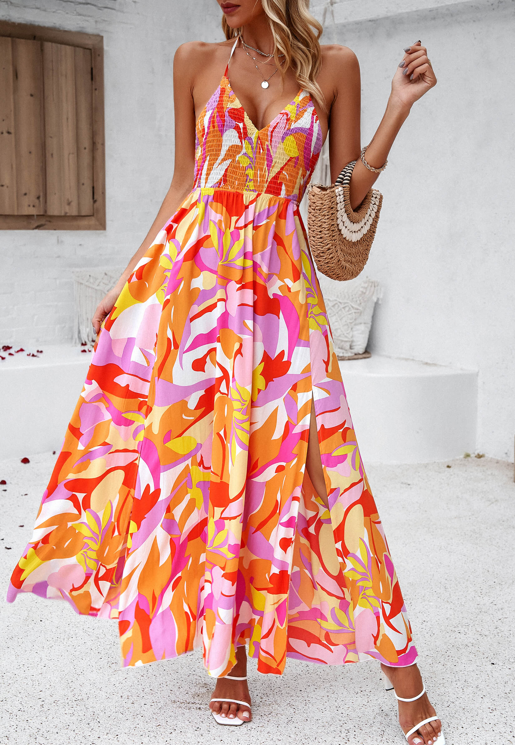 Hawaii Floral Print Tie Back Halter Maxi Dress - Orange