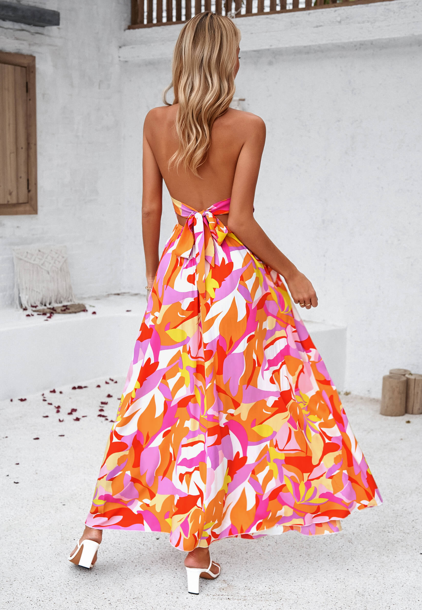 Hawaii Floral Print Tie Back Halter Maxi Dress - Orange