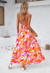 Hawaii Floral Print Tie Back Halter Maxi Dress - Orange