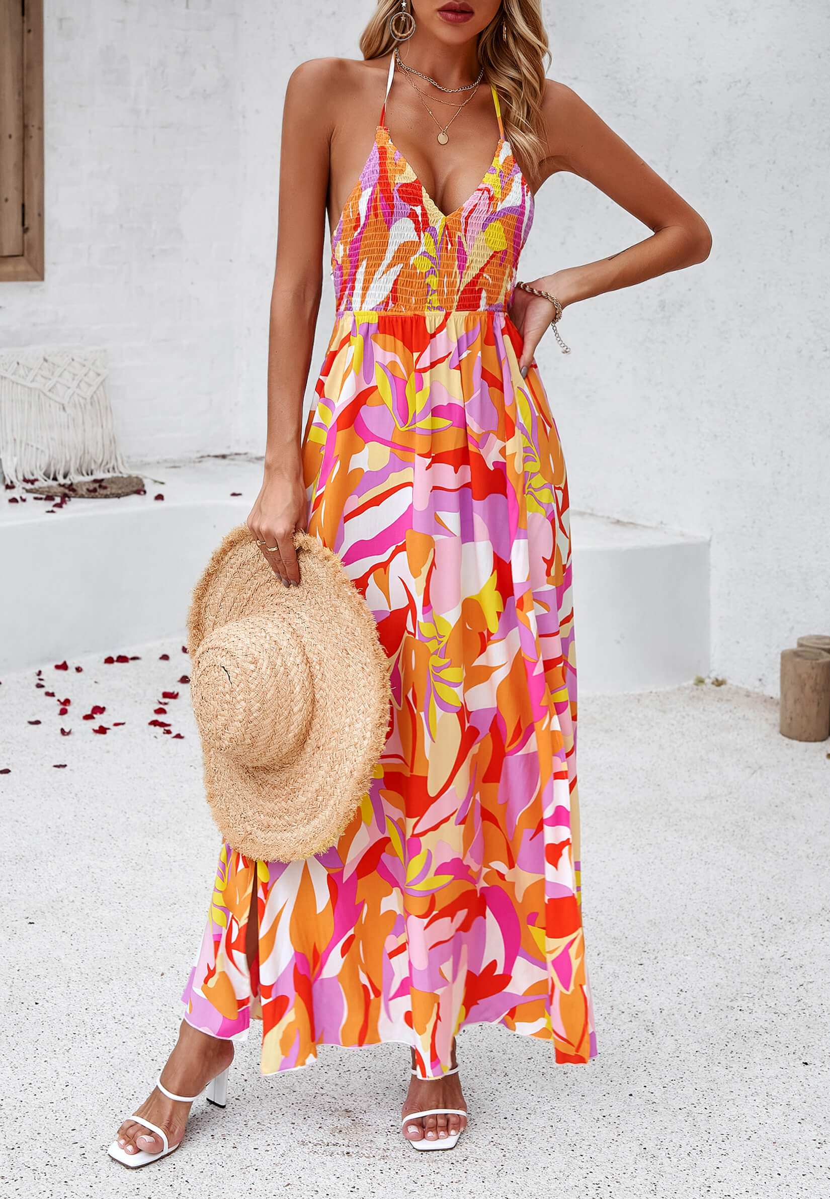 Hawaii Floral Print Tie Back Halter Maxi Dress - Orange