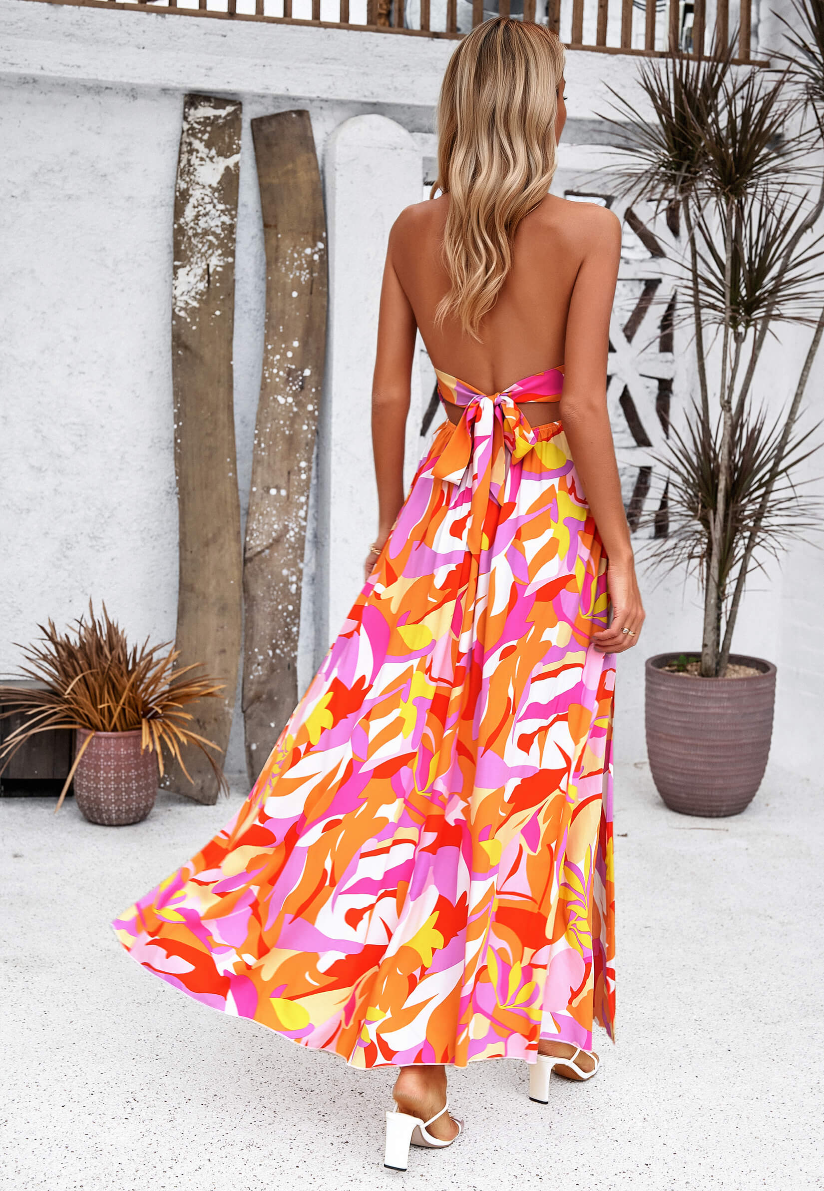 Hawaii Floral Print Tie Back Halter Maxi Dress - Orange