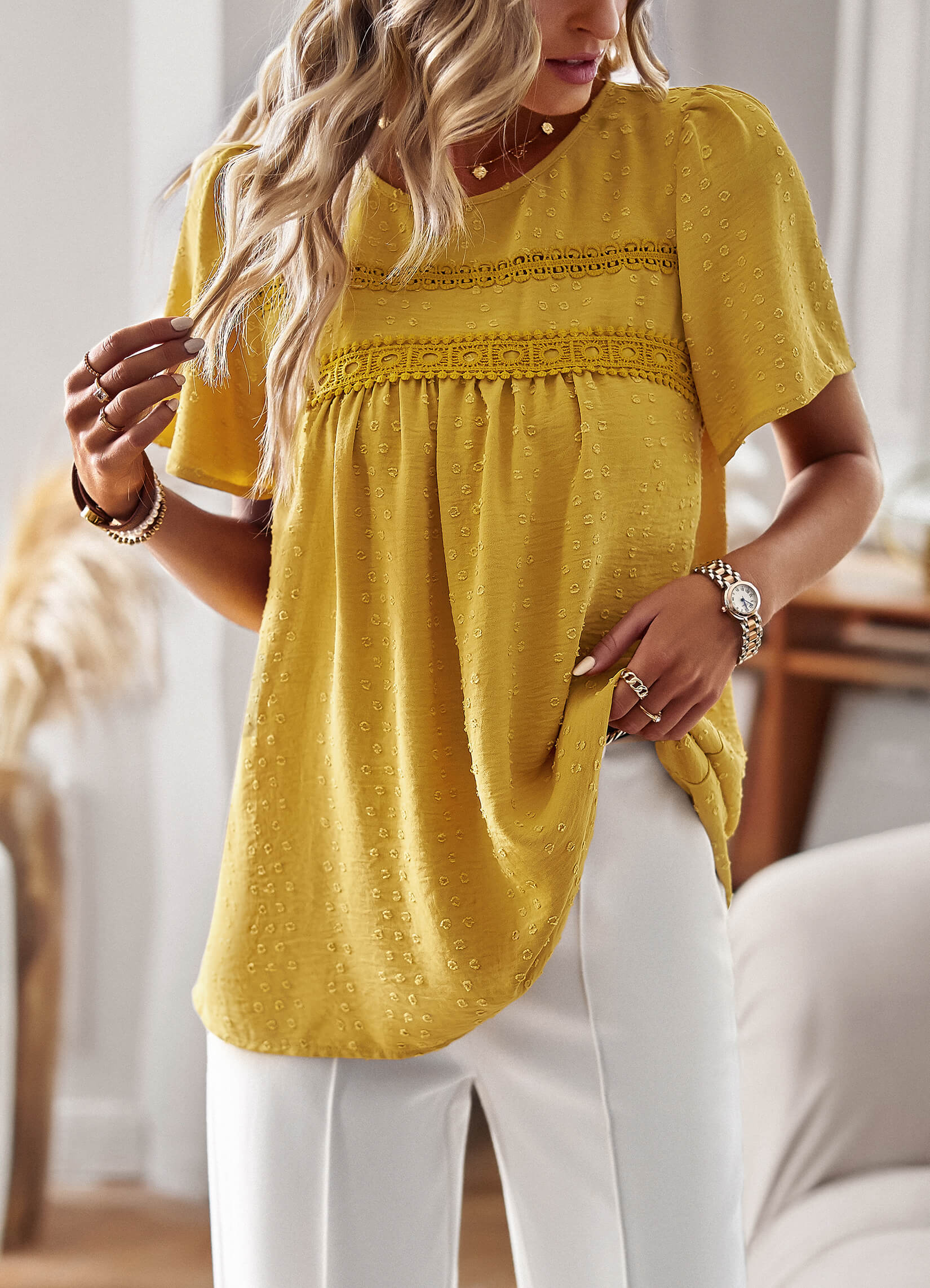 Ventura Lace Trim Short Sleeve Top - Mustard