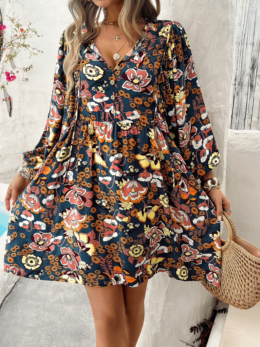 Athena Floral Boho Mini Dress - Navy