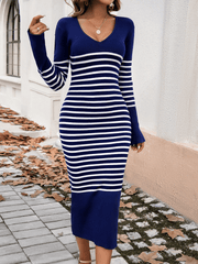 Eloise Striped Bodycon Sweater Midi Dress - Navy