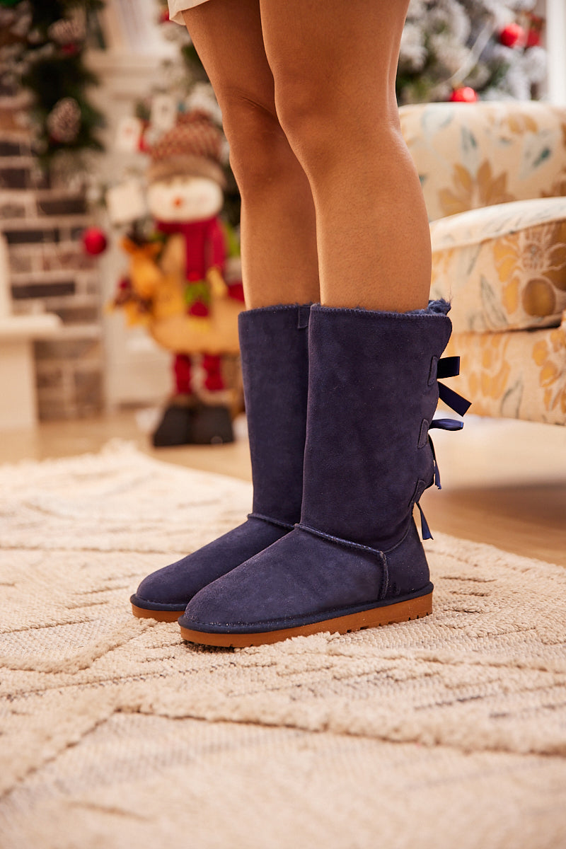 SMAIBULUN Ugg | Tri Ribbon Bow Suede Boots - Navy