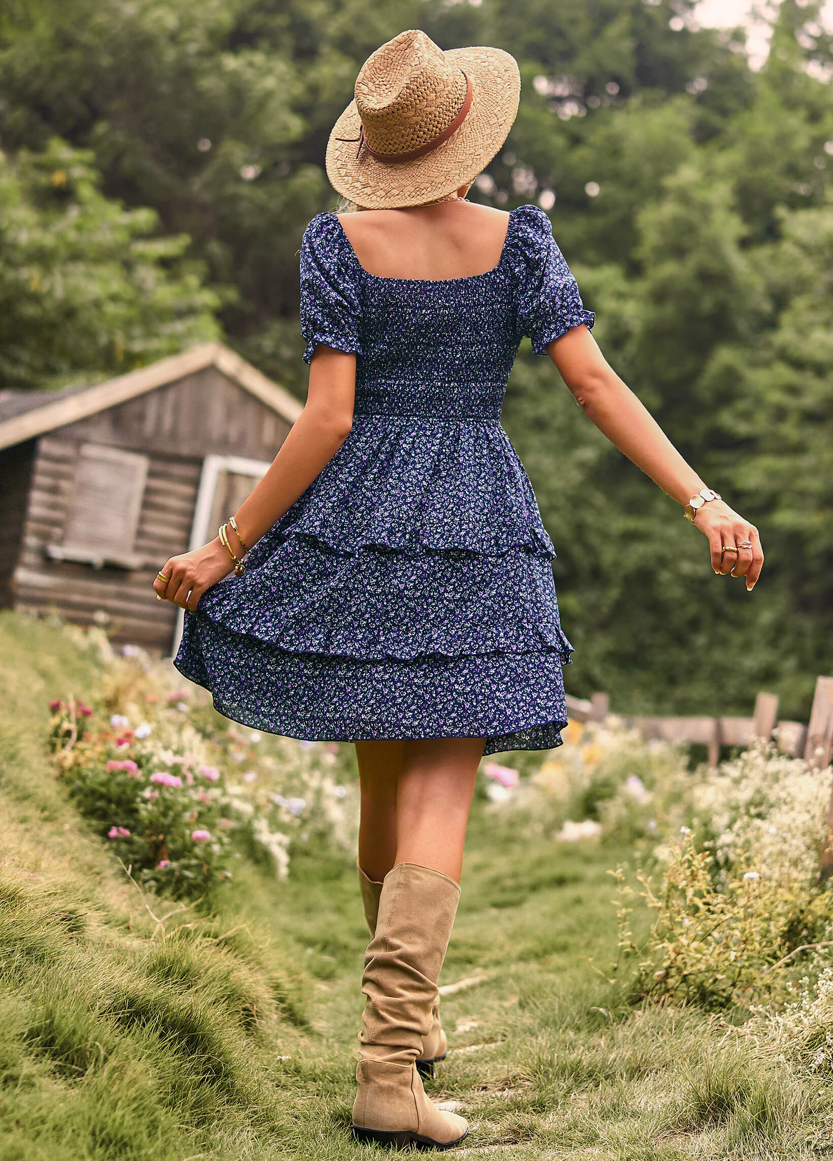 MOMENT IN DAISY SMOCKED MINI DRESS - NAVY