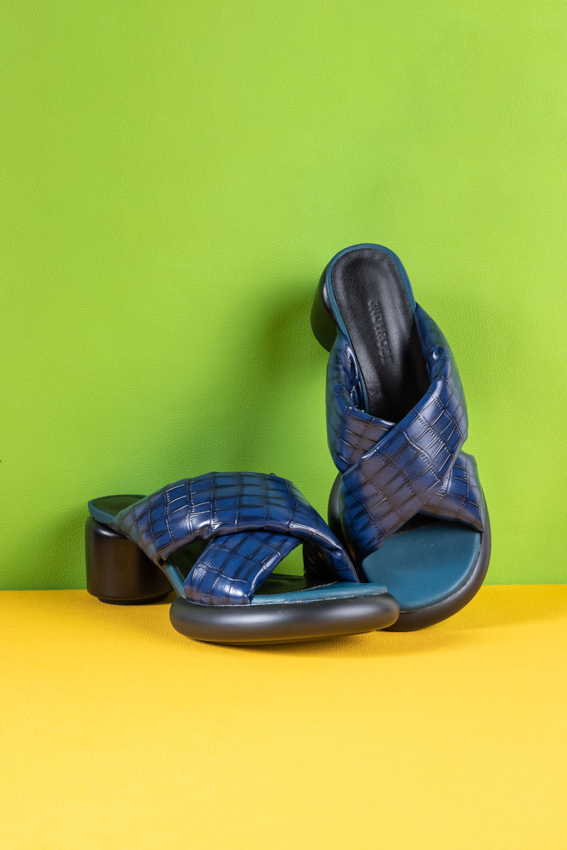 Jady Rose | Veronica Puffy Cross-Strap Leather Sandal - Navy