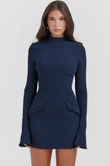 OL Mock Neck Bell Sleeve Flap Pocket Bodycon Party Mini Dress - Navy Blue