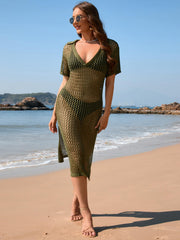 Aruba Net Crochet Knit Midi Dress - Olive