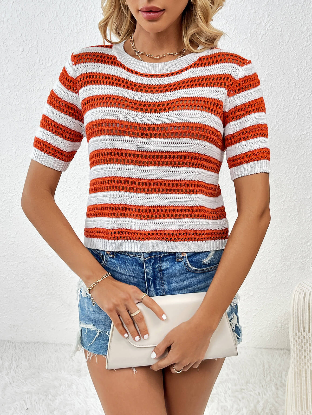 Joanna Striped Short Sleeve Top - Orange