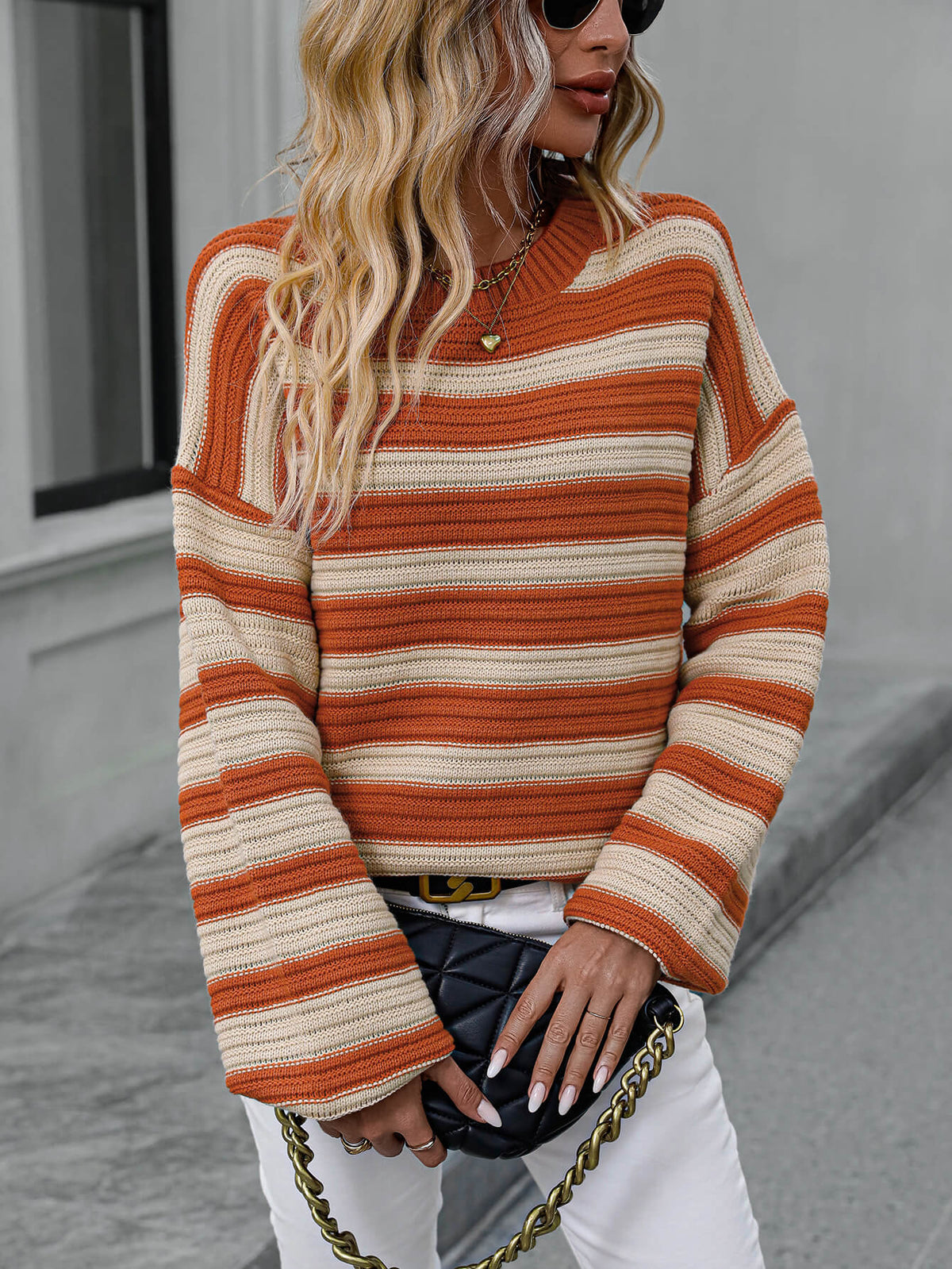 Milton Striped Pullover Knit Sweater - Orange