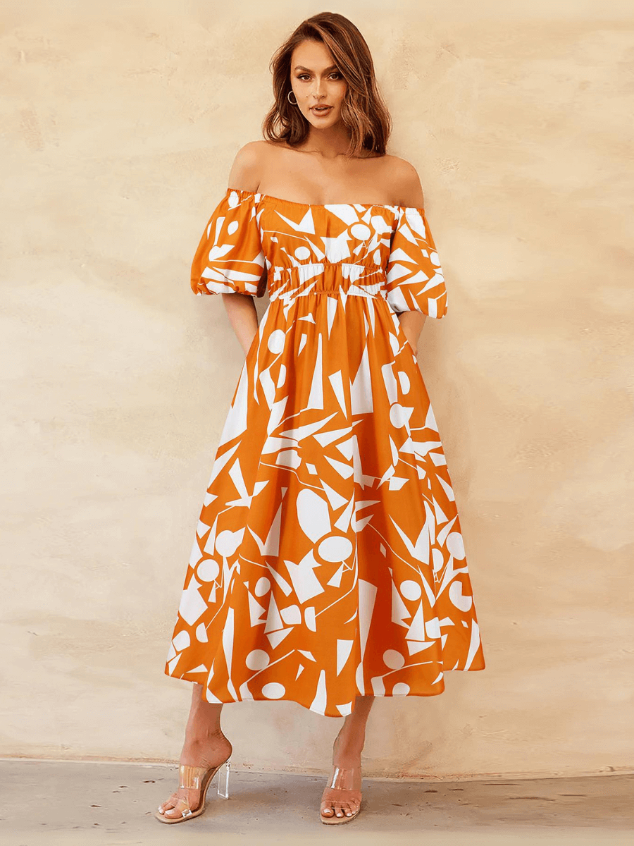 Summer in Amalfi Puff Sleeve Midi Dress - Orange