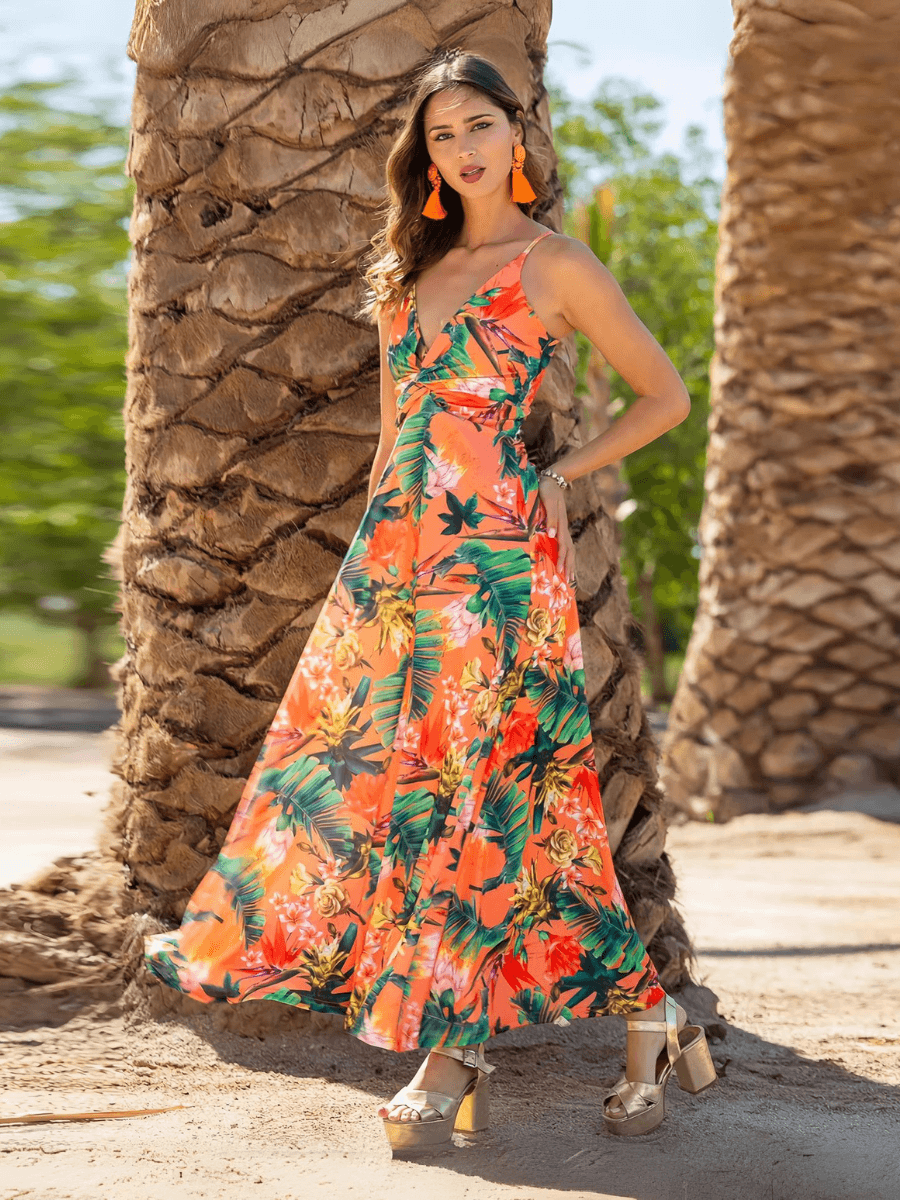 Cynthia Floral V-Neck Boho Maxi Dress - Orange