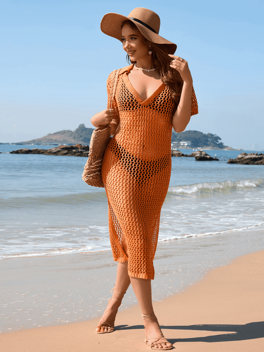 Aruba Net Crochet Knit Midi Dress - Orange