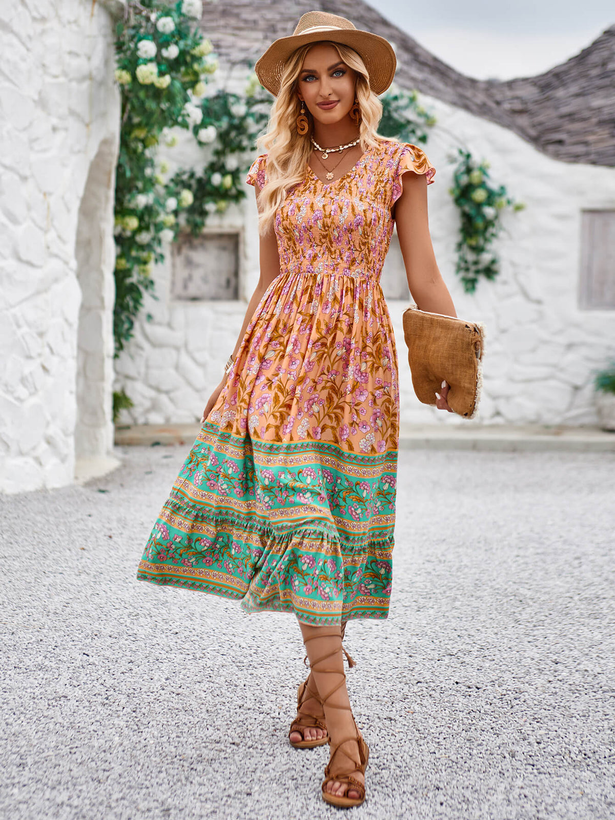 Ashlyn V-Neck Tiered Midi Dress - Orange