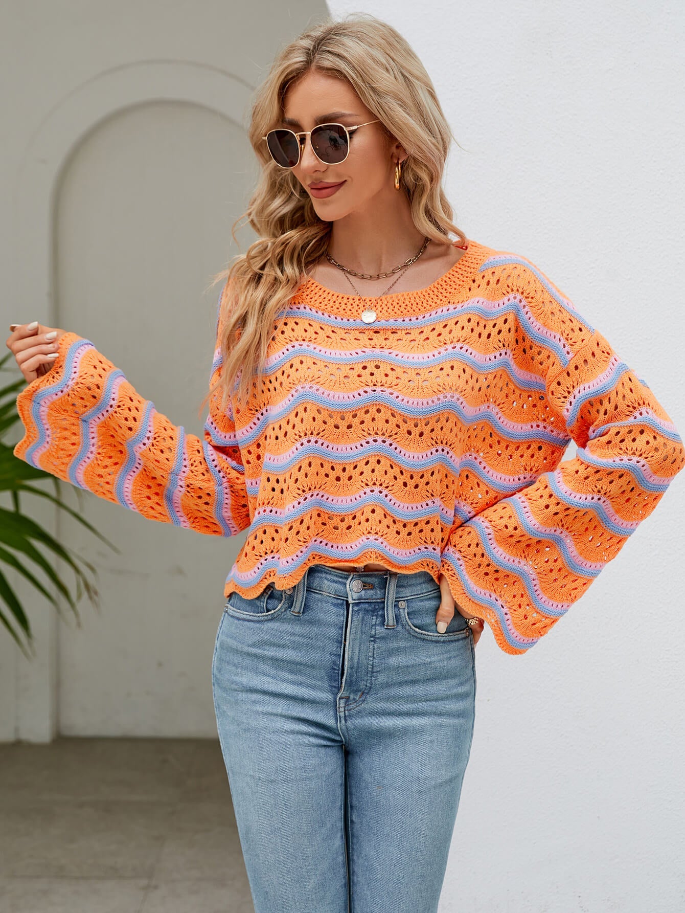 Reba Knit Striped Scalloped Hem Top - Orange