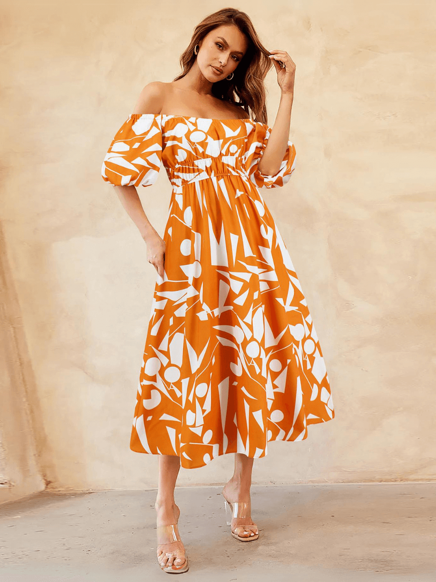 Summer in Amalfi Puff Sleeve Midi Dress - Orange