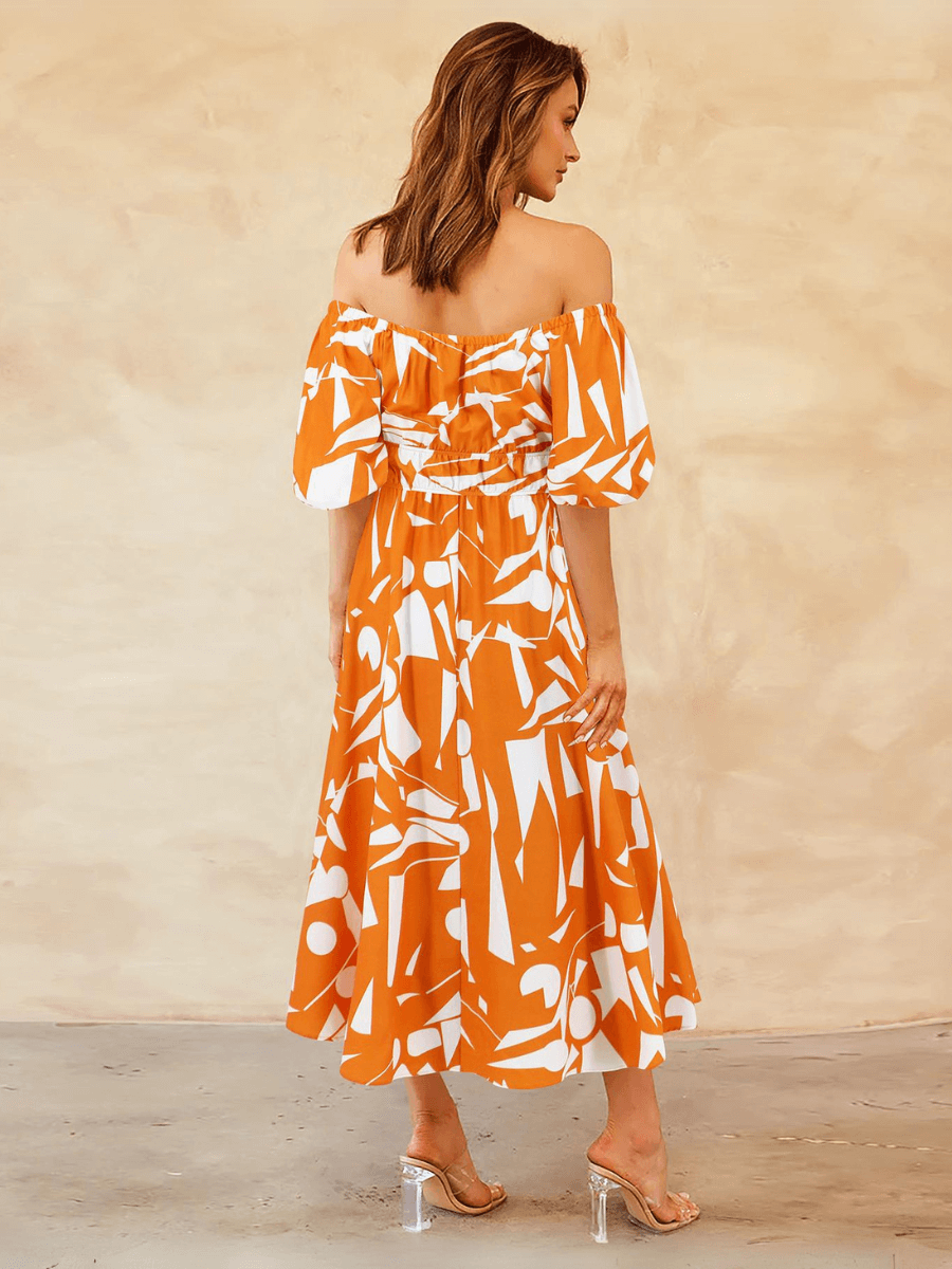 Summer in Amalfi Puff Sleeve Midi Dress - Orange