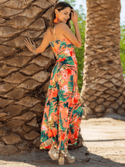 Cynthia Floral V-Neck Boho Maxi Dress - Orange