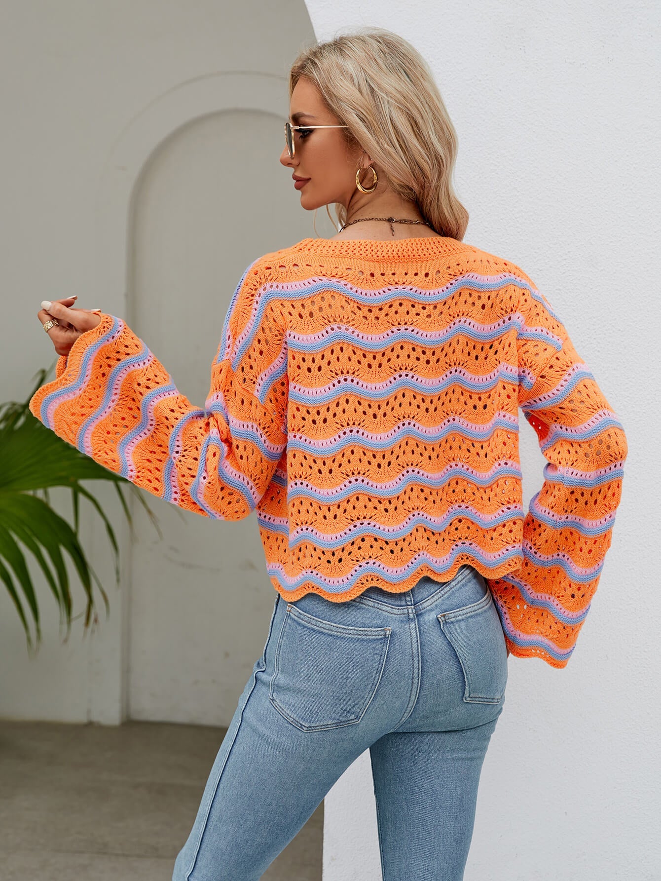 Reba Knit Striped Scalloped Hem Top - Orange