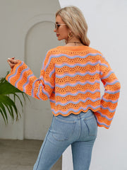 Reba Knit Striped Scalloped Hem Top - Orange