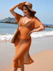 Aruba Net Crochet Knit Midi Dress - Orange