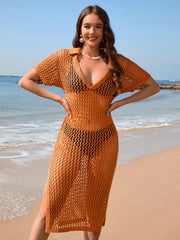 Aruba Net Crochet Knit Midi Dress - Orange