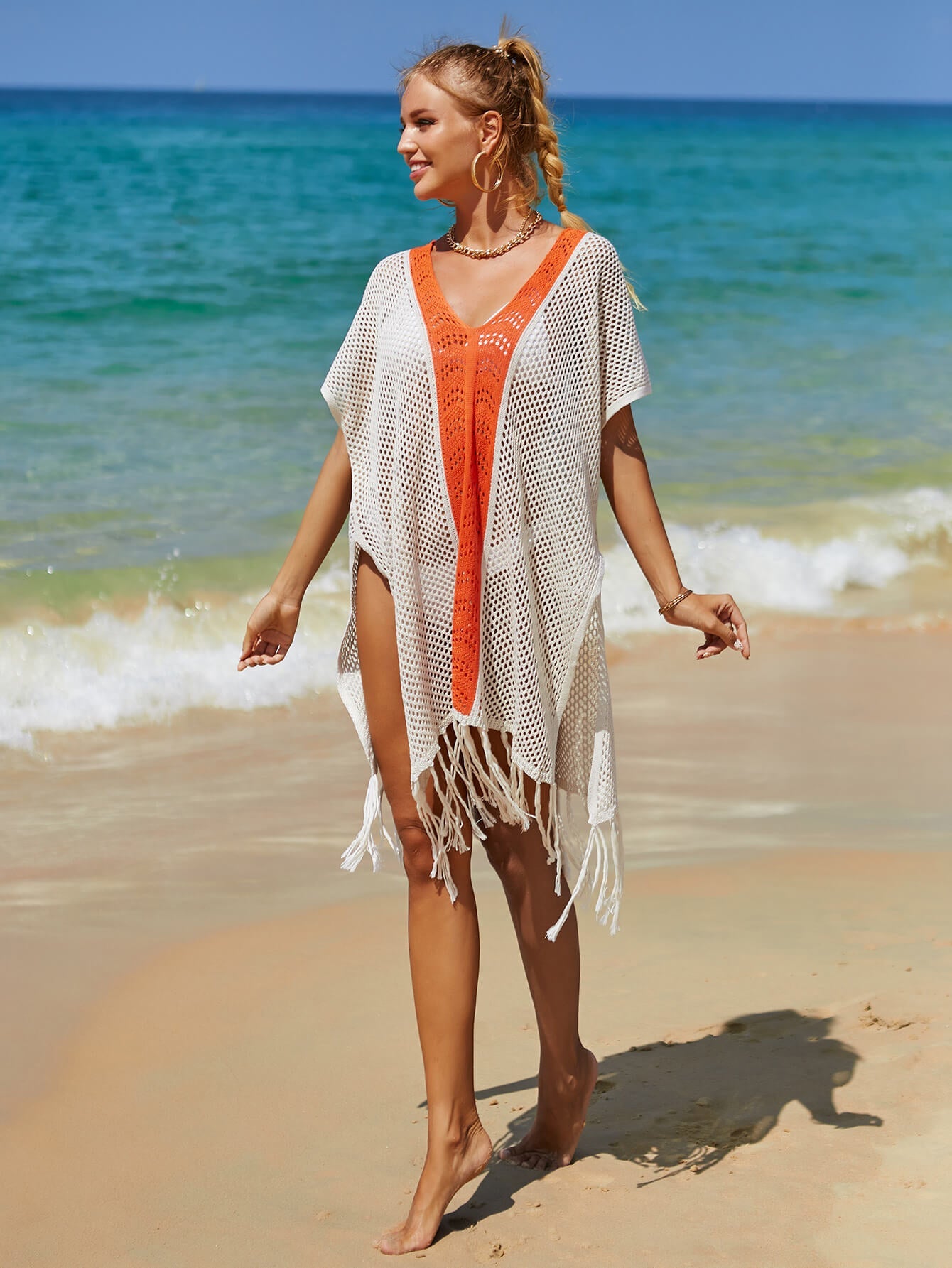 Cruise Oversized Knit Fringe Sweater - Orange