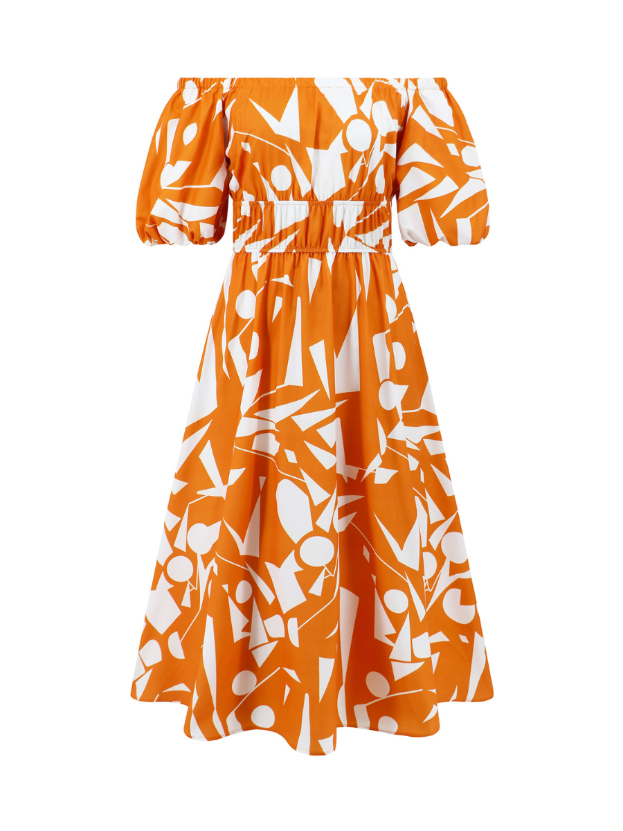 Summer in Amalfi Puff Sleeve Midi Dress - Orange