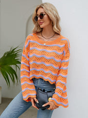 Reba Knit Striped Scalloped Hem Top - Orange