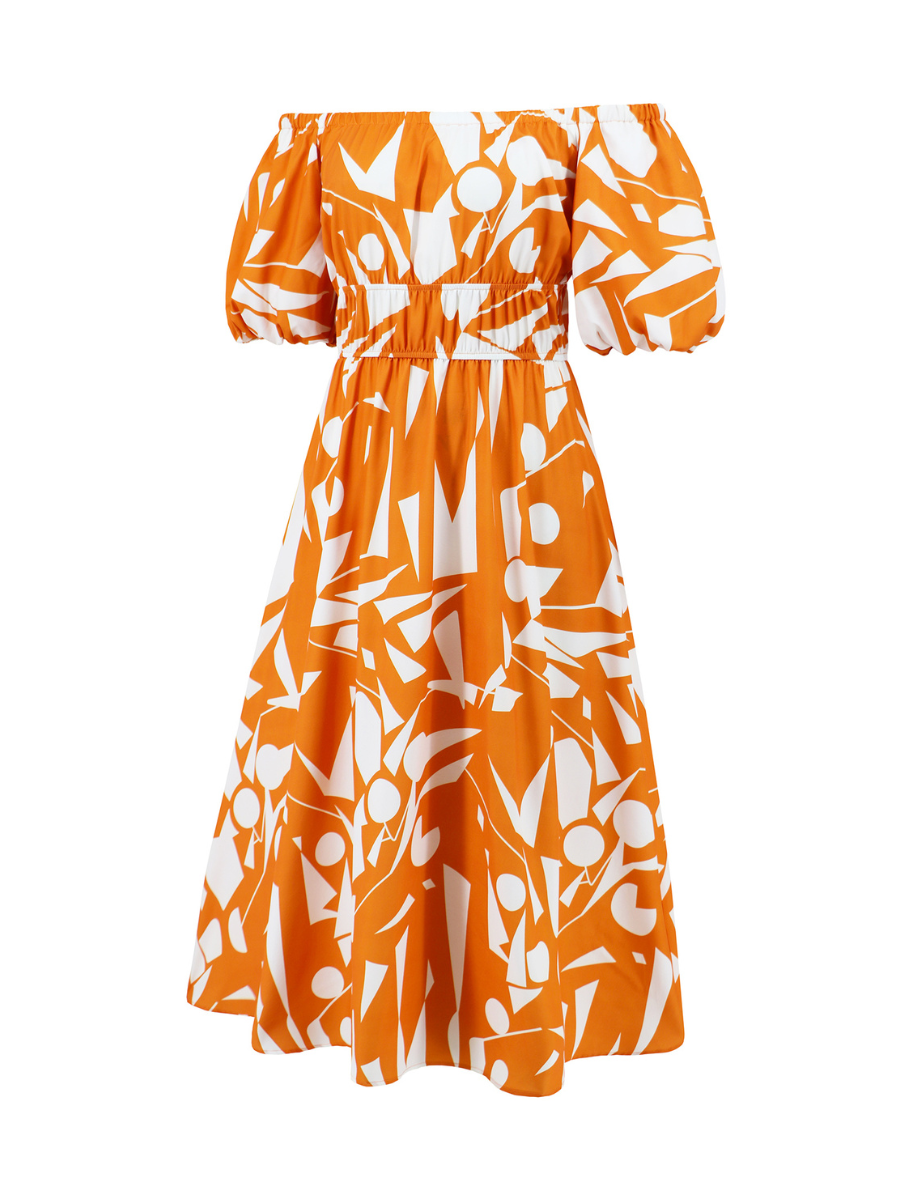 Summer in Amalfi Puff Sleeve Midi Dress - Orange