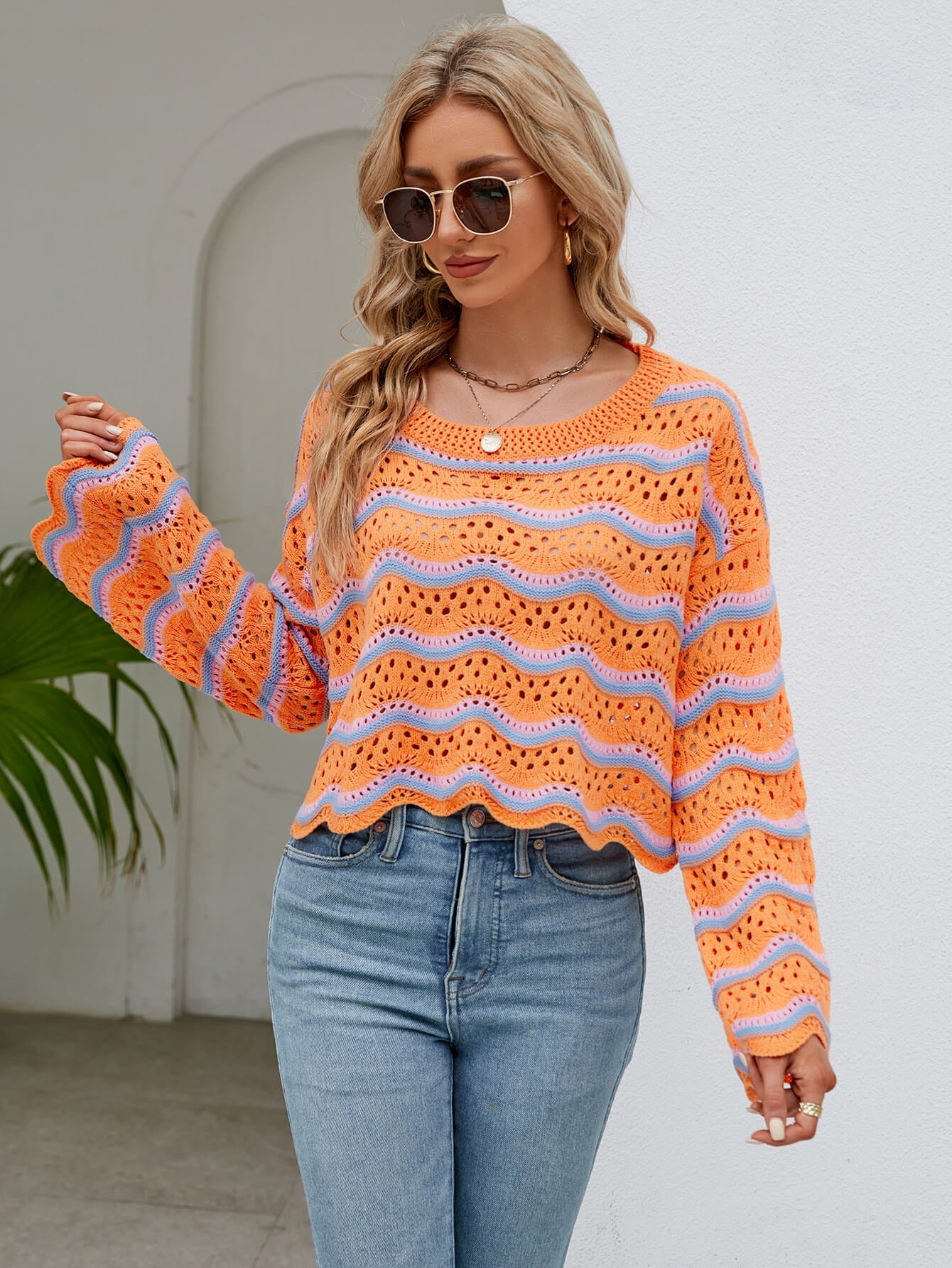 Reba Knit Striped Scalloped Hem Top - Orange