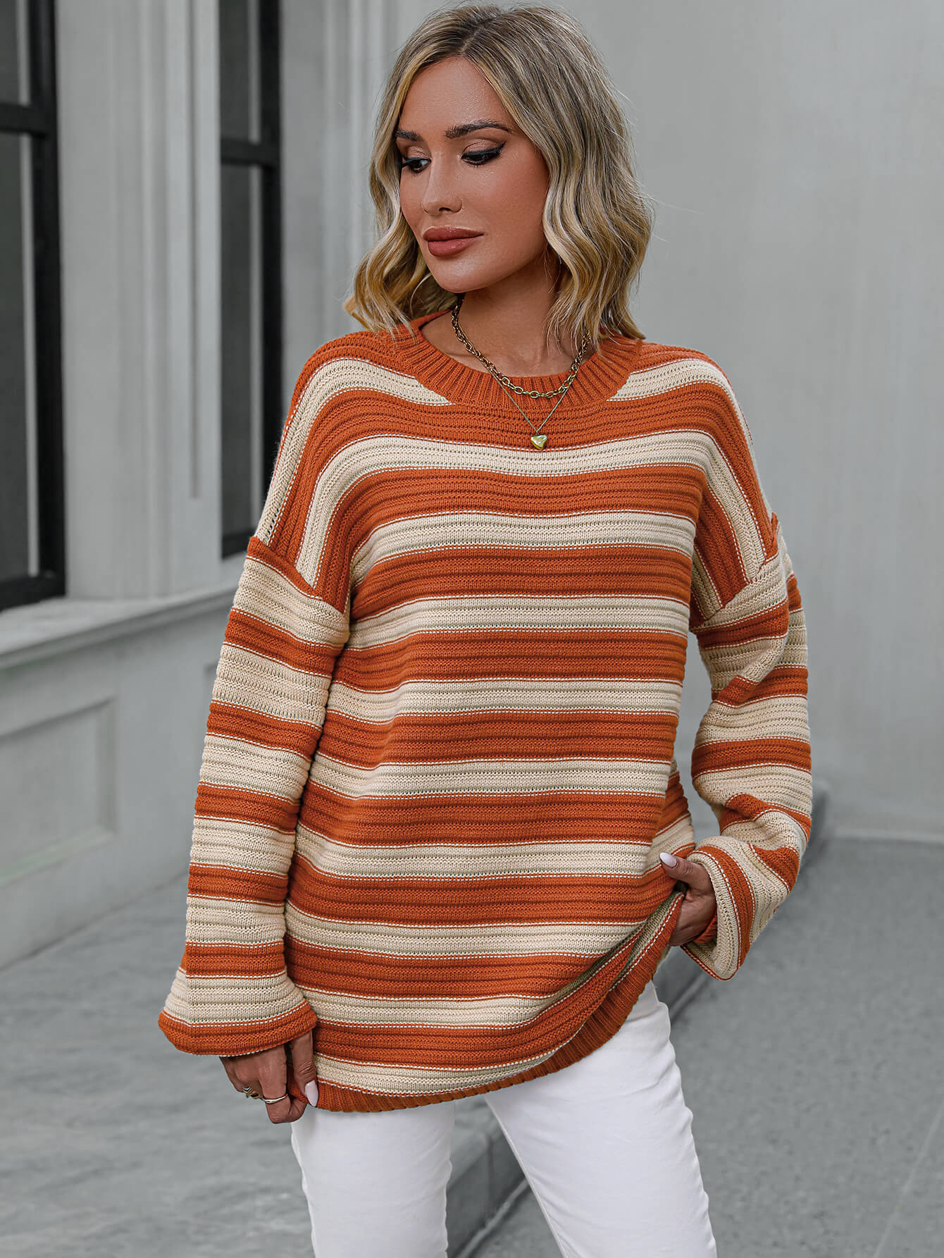 Milton Striped Pullover Knit Sweater - Orange