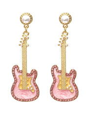 Pink Guitar Diamante Drop Earrings