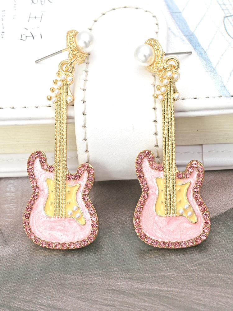 Pink Guitar Diamante Drop Earrings