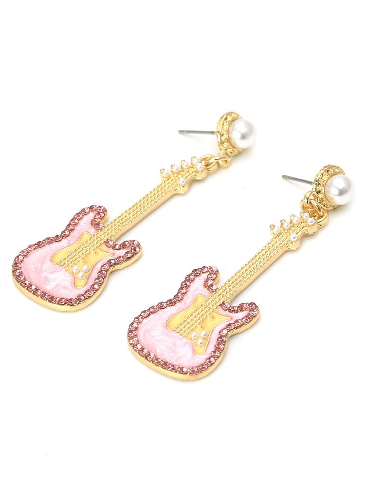 Pink Guitar Diamante Drop Earrings