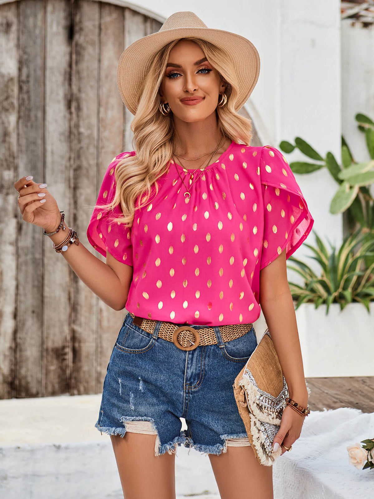 Kaylee Polka Dot Short Sleeve Top - Fuchsia