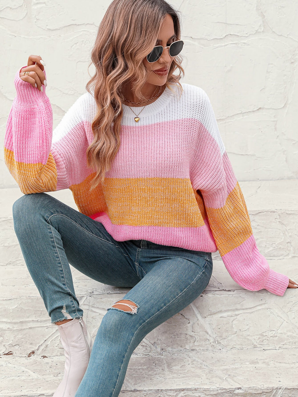 Milton Contrast Striped Pullover Sweater - Pink