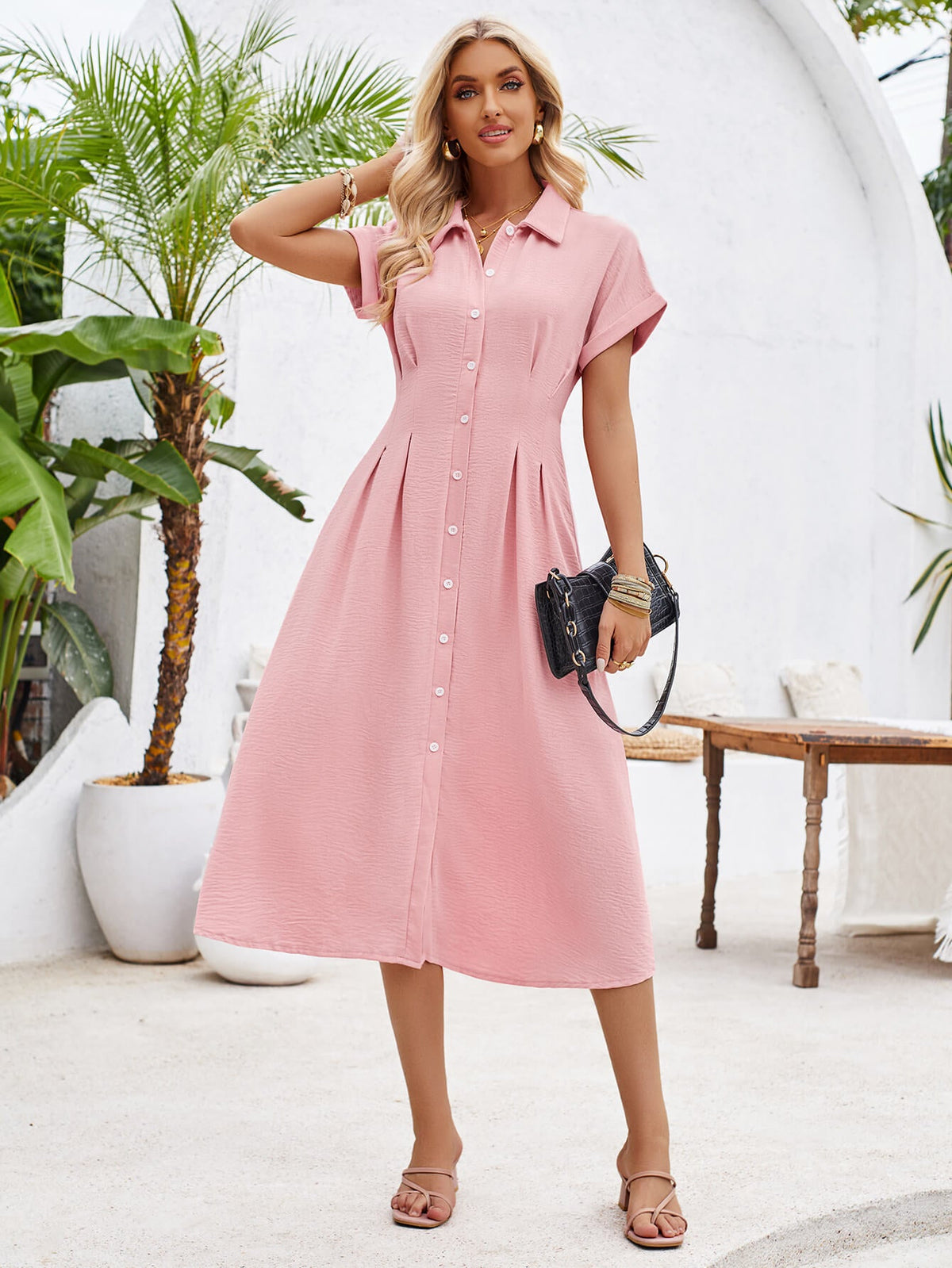 Abigail Collared Midi Shirt Dress - Pink