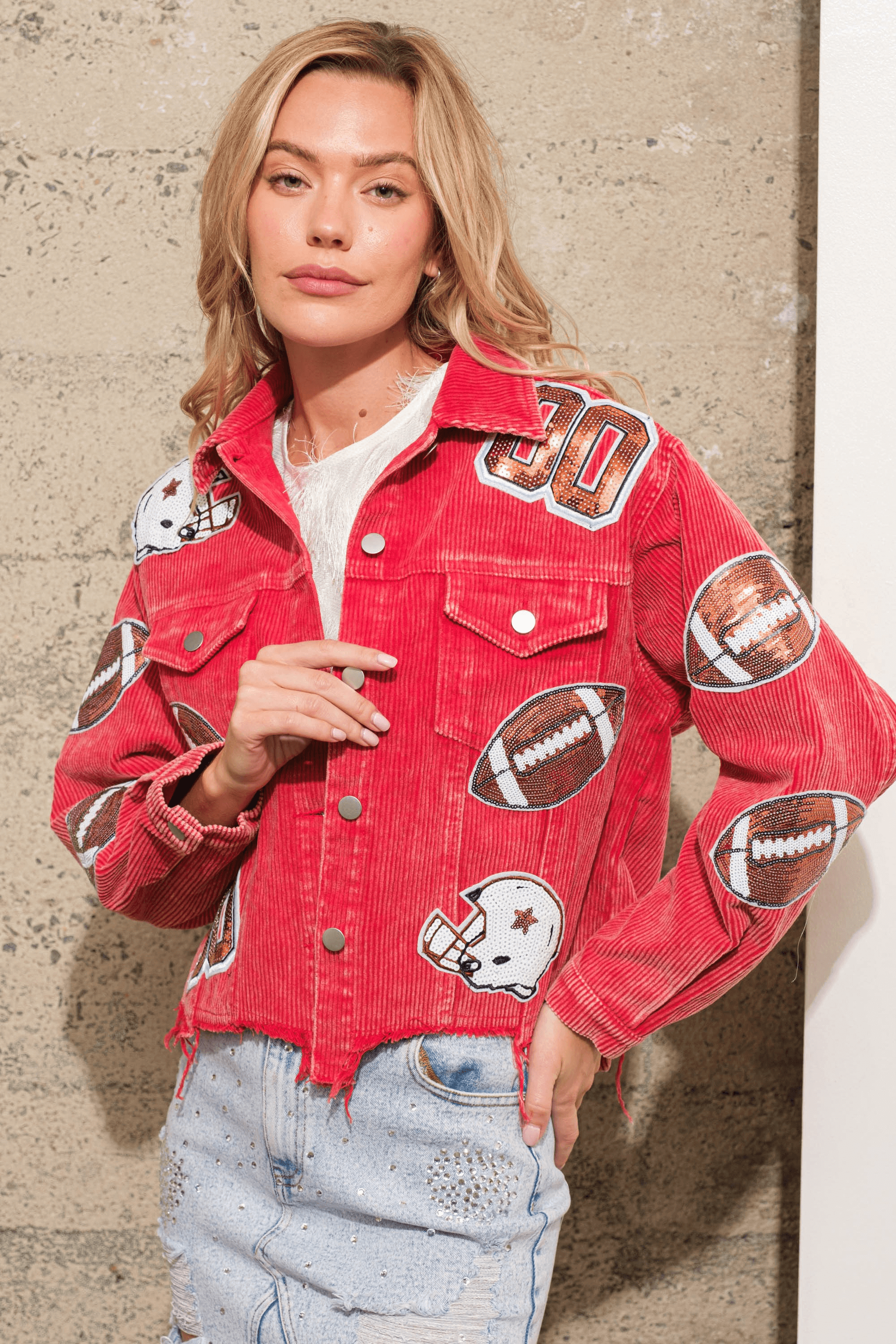 Wide Receiver Ready Sequin Corduroy Jacket - Pink