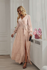 LEANDRA FRONT SPLIT SHIMMER MAXI DRESS - PINK