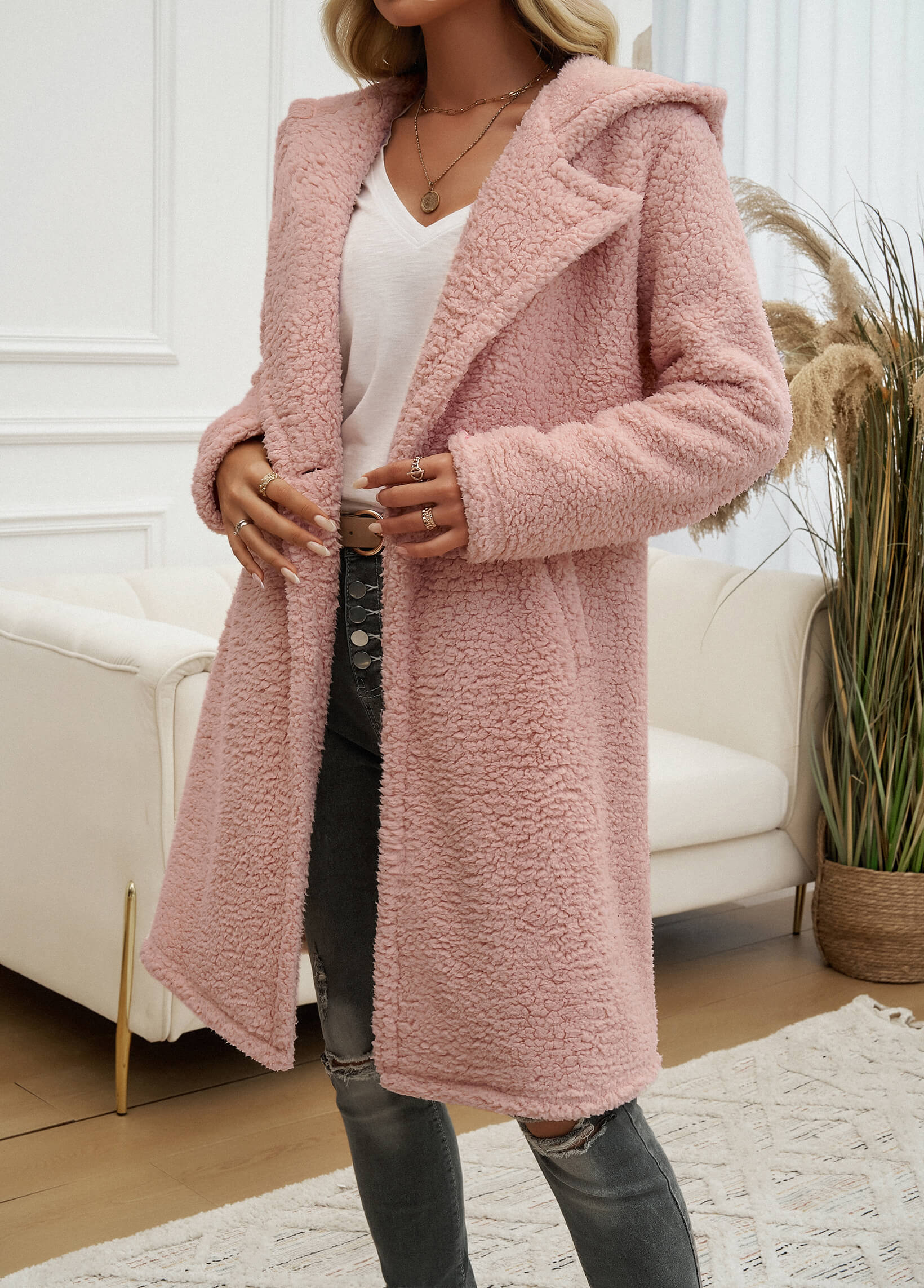 Teddy Longline Pocketed Coat - Pink